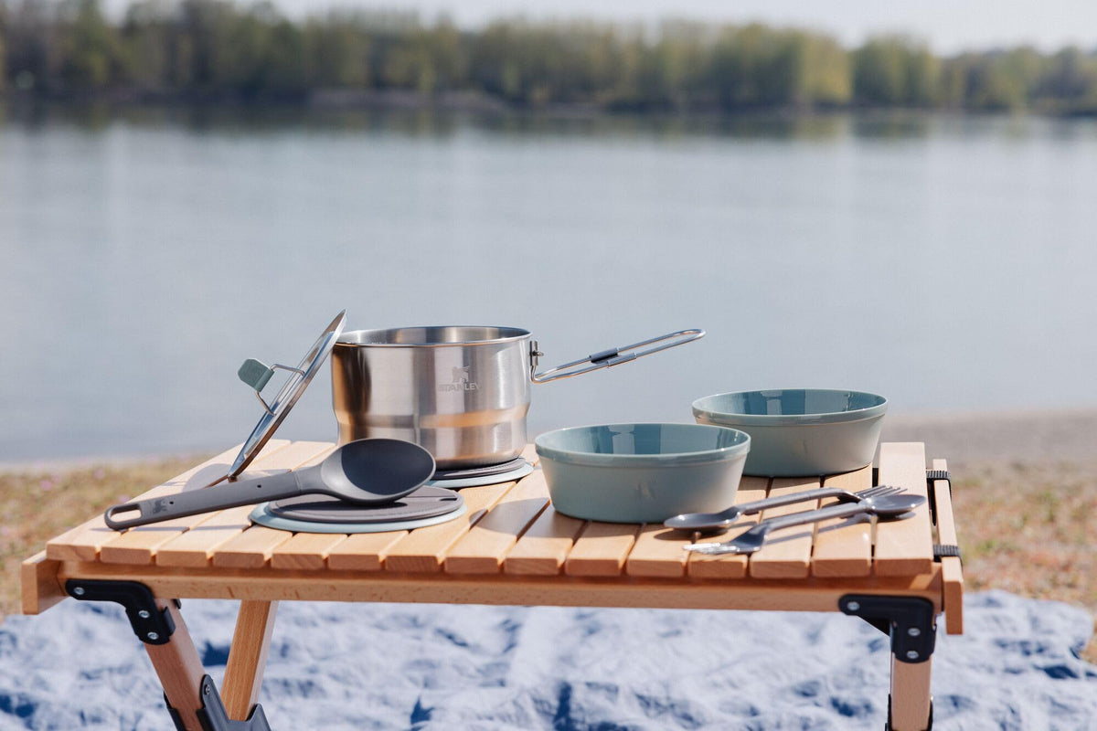 Stanley Wildfare Go 14-Piece Stainless Steel Prep & Cook Set | 1.65 qt Saucepan with Fold & Lock Handle | Bowls, Utensils, Cutting Board | Camping Essentials for Your Camp Kitchen | BPA-Free
