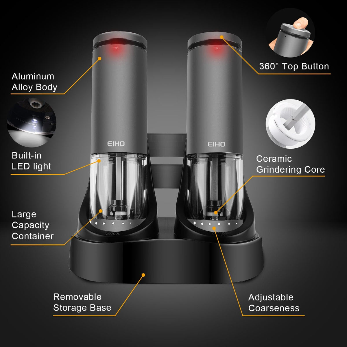 EIHO Electric Salt and Pepper Grinder Set USB Rechargeable, Upgraded External Adjustable Coarseness, Aluminum Alloy Automatic Salt and Pepper Shakers Mills with LED Light, House Warming Cooking Gifts