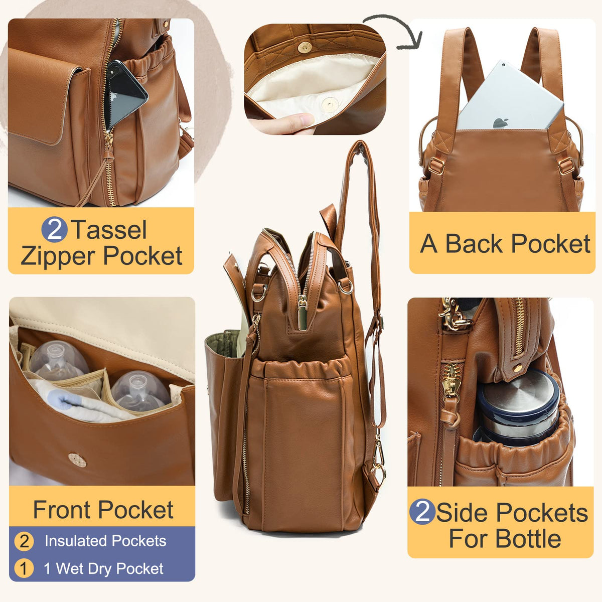 miss fong Diaper Bag Backpack Baby Diaper Bag for Girls and Boys, Leather Purse with 13 Pockets Diaper Bag Organizer,Changing Pad,Stroller Straps,4 Insulated Pockets