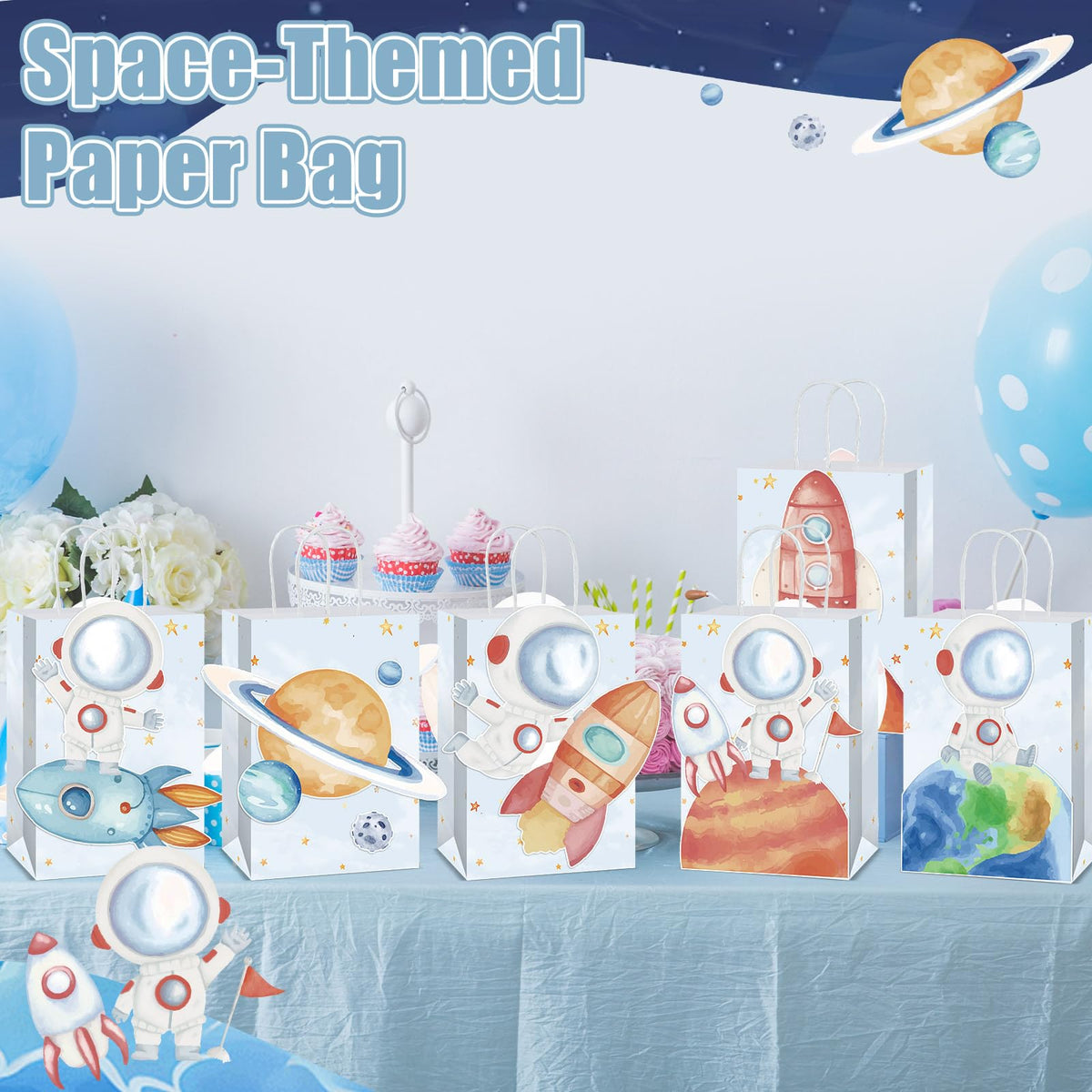 Naozinebi 12 Pcs Outer Space Party Favors Bags with Handles Astronaut Galaxy Theme Party Supplies Solar System Goodie Gift Rocket Paper Bag for Kids Birthday in 6 styles Gift Bags for Baby Shower