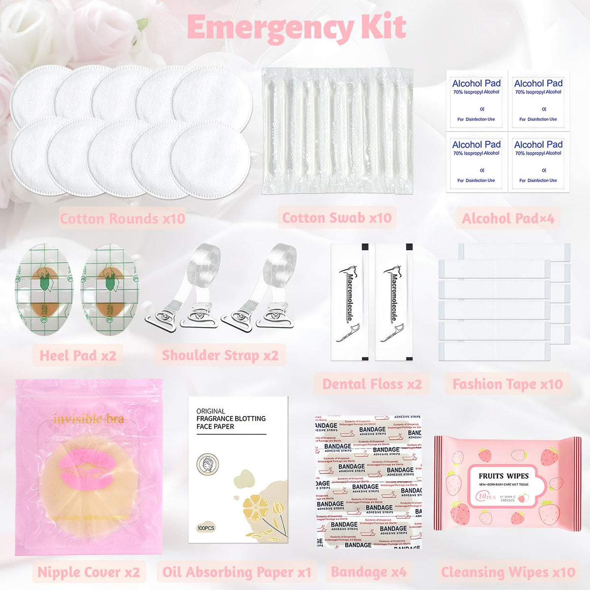 Wedding Emergency Kit for Bride, Wedding Survival Set with Makeup Bag, 42 Pc Wedding Daily Travel Essential Items