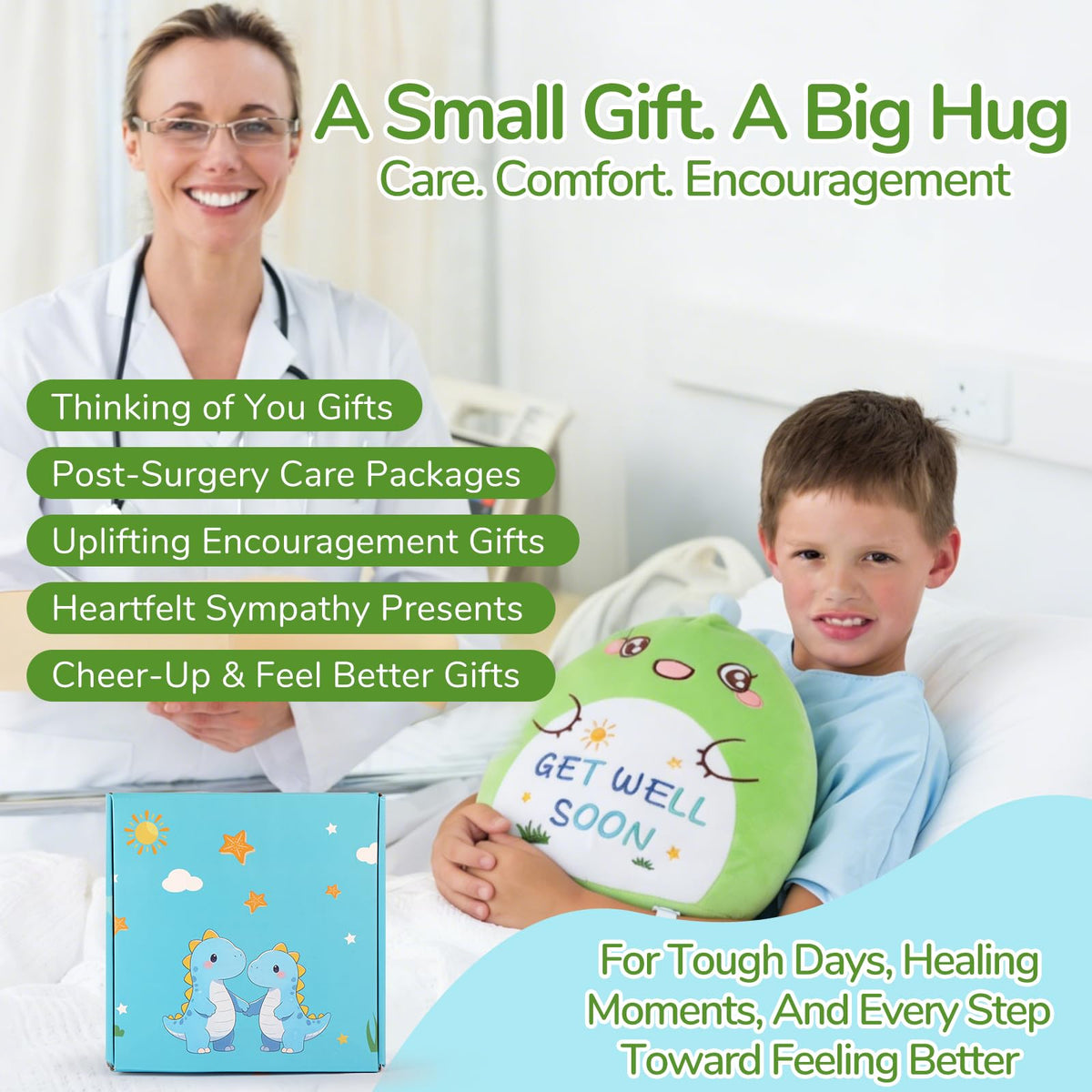 Get Well Soon Gift for Kids, Feel Better Gifts for Kids Boys, Dinosaur Stainless Steel Vacuum Tumbler & 12'' Get Well Soon Unicorn Plush Pillow, After Surgery Gifts for Boy (Dinosaur)
