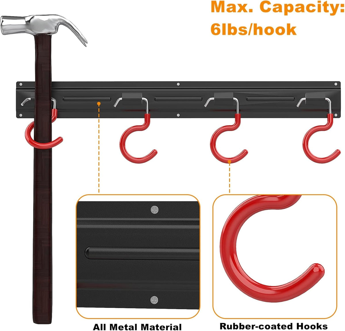WALMANN All Metal Wall Mount Garden Tool Organizer - 64 Inch Storage Rack with 4 Rails & 16 Hooks