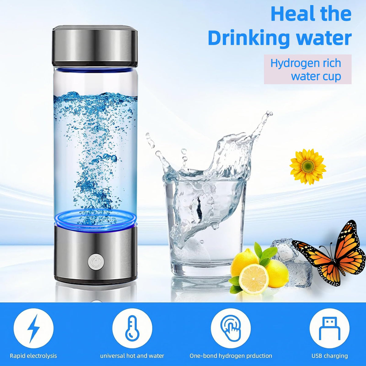 Hydrogen Water Bottle Generator 2pack, Glass Hydrogenated Water Bottles Health Cup, Hydrogen Water Generator w SPE/PEM Tech Improve Water for Home/Office/Travel/Daily Drinking Gift for Mom Father Day