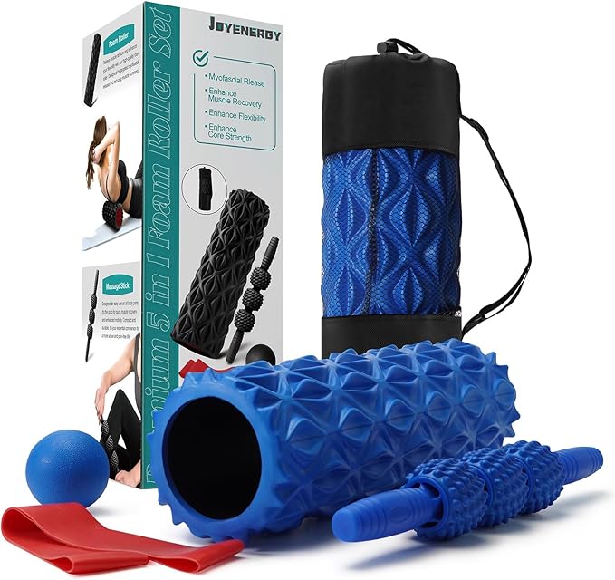 5 in 1 Foam Roller Set Trigger Point Foam Roller, Massage Roller Stick, Massage Ball, Stretching Strap for Deep Muscle Massage Pilates Yoga, Fitness Exercise for Whole Body (Blue Diamond)
