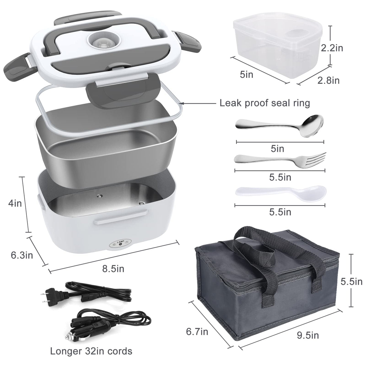 Herrfilk Electric Lunch Box Food Heater, 3 in 1 Ultra Quick Heated Lunch Boxes for Adults, 12V/24V/110V Portable Food Warmer for Car/Truck/Office With Fork Spoon and Insulated Carry Bag