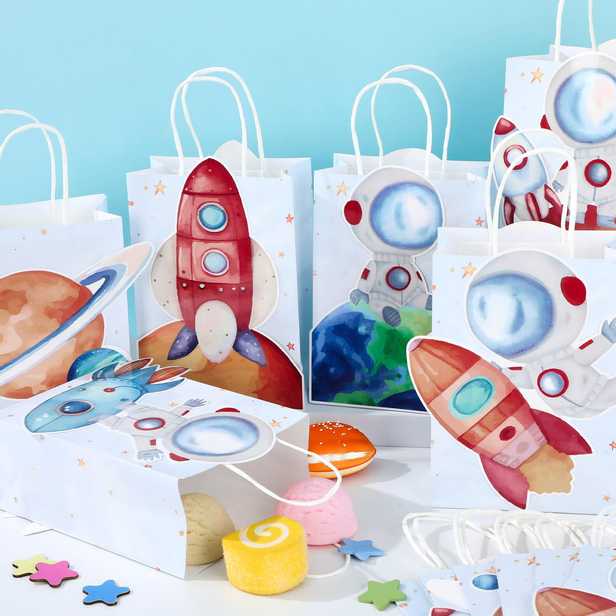 Naozinebi 12 Pcs Outer Space Party Favors Bags with Handles Astronaut Galaxy Theme Party Supplies Solar System Goodie Gift Rocket Paper Bag for Kids Birthday in 6 styles Gift Bags for Baby Shower