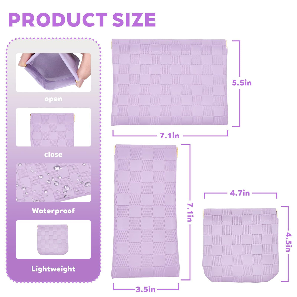 3PCS Small Makeup Bag for Women, Mini Cosmetic Bags Leather Pocket Pouch Purse,Snap Closure Waterproof Portable Bag,Checkered Storage Travel Bag for Lipstick Change Glasses Coin Cards (Purple)