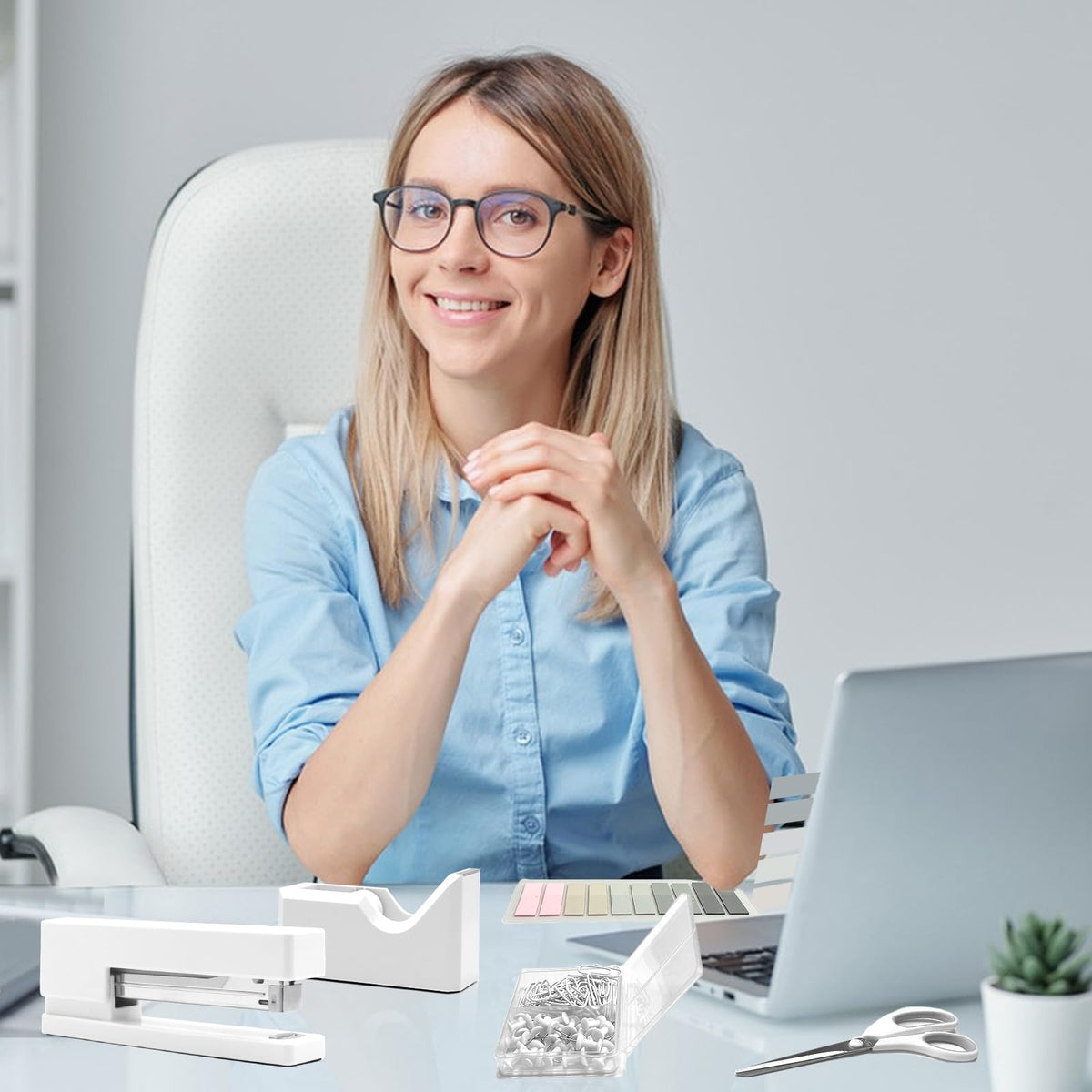White Office Supplies, UPIHO White Desk Accessories, Stapler and Tape Dispenser Set for Women with Stapler,Tape Dispenser, Staple Remover, Staples,Scissor and Tabs for Students Office Clerks