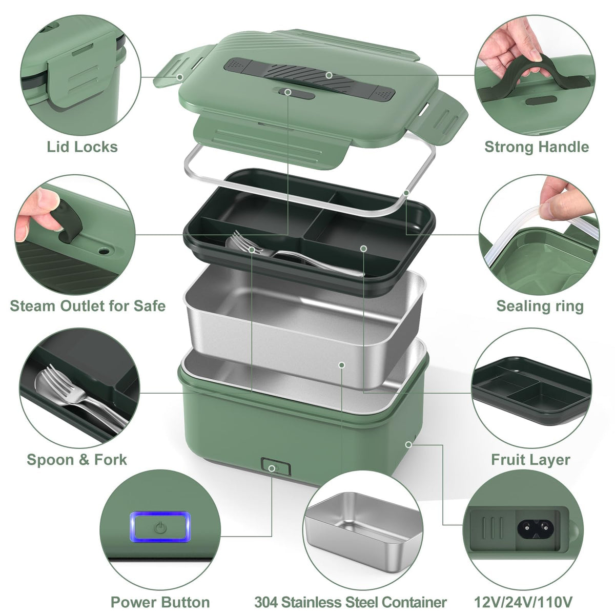 Electric Heated Lunch Box for Car Truck Home 1.8L 100W Portable Food Warmer with 12V/24V/110V/220V Hot Meal for Work Travel Jobsite Camping Christmas Gifts White Elephant Gifts for Adults/Men/Woman