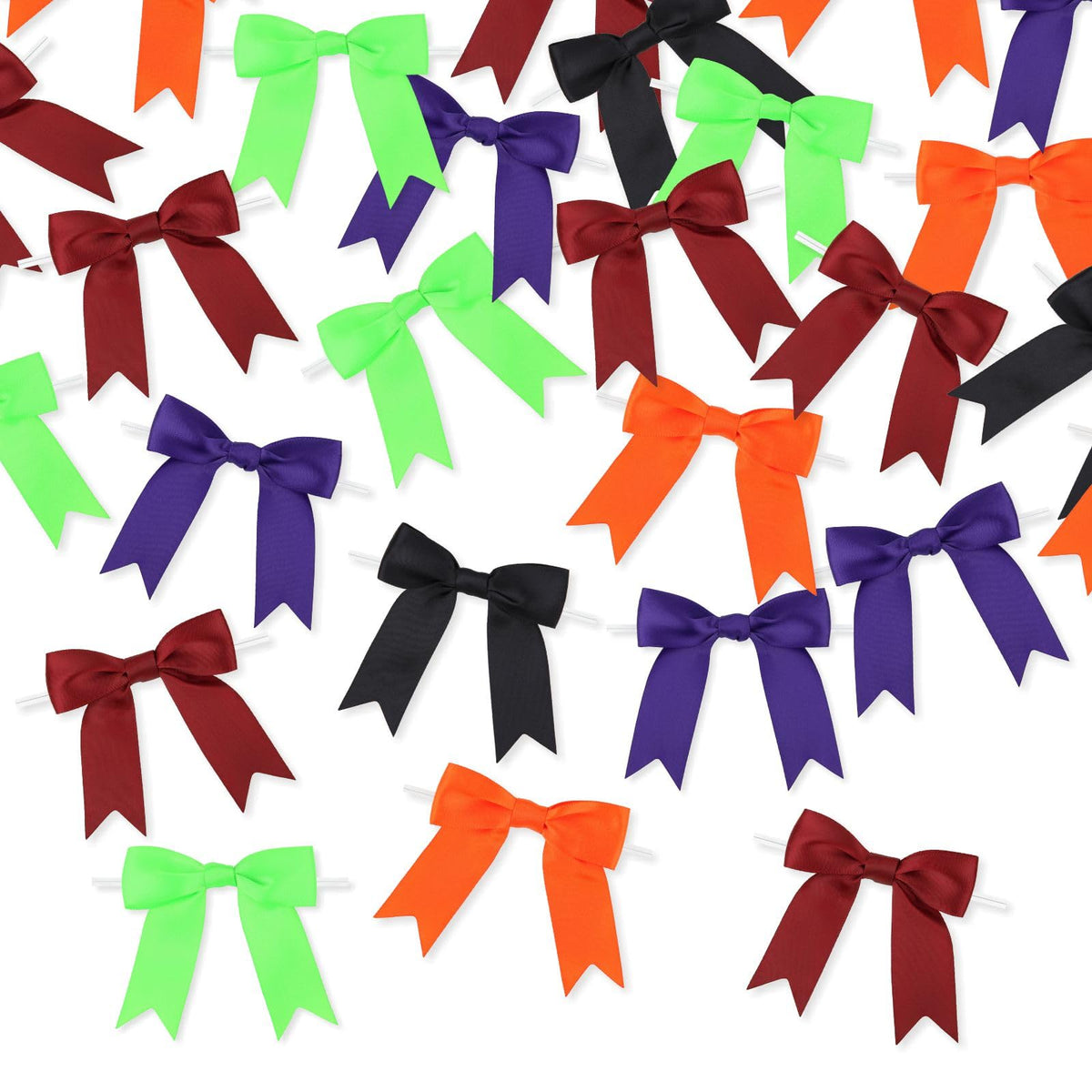 Meseey 50 Pcs Halloween Premade Satin Ribbon Bows with Twist Tie 3.5 Inch Pre-tie Treat Bag Bows for Halloween Thanksgiving Wreaths Party Favors Gift Wrapping (3.5 inch, Haloween)