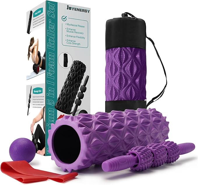 5 in 1 Foam Roller Set Trigger Point Foam Roller, Massage Roller Stick, Massage Ball, Stretching Strap for Deep Muscle Massage Pilates Yoga, Fitness Exercise for Whole Body (Purple Diamond)