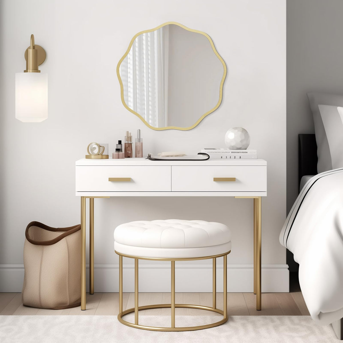WallBeyond Round Wavy Mirror for Wall Decorative 20 inch, Modern Round Mirror Aluminum Frame for Bathroom Bedroom Living Room Home House Office Entryway, Gold