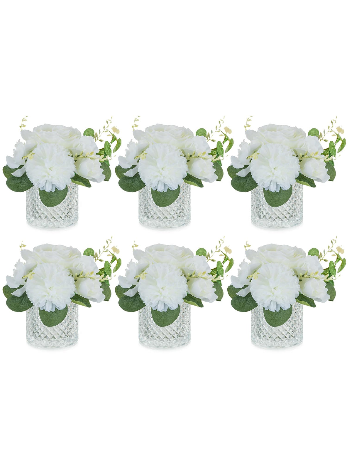 NUPTIO Small Fake Flower in Vase: 6 Pcs Silk Artificial Flowers with Clear Glass Vases for Living Room Bathroom Office Decor - Faux Rose Mums Floral Arrangements Wedding Dining Table Centerpiece