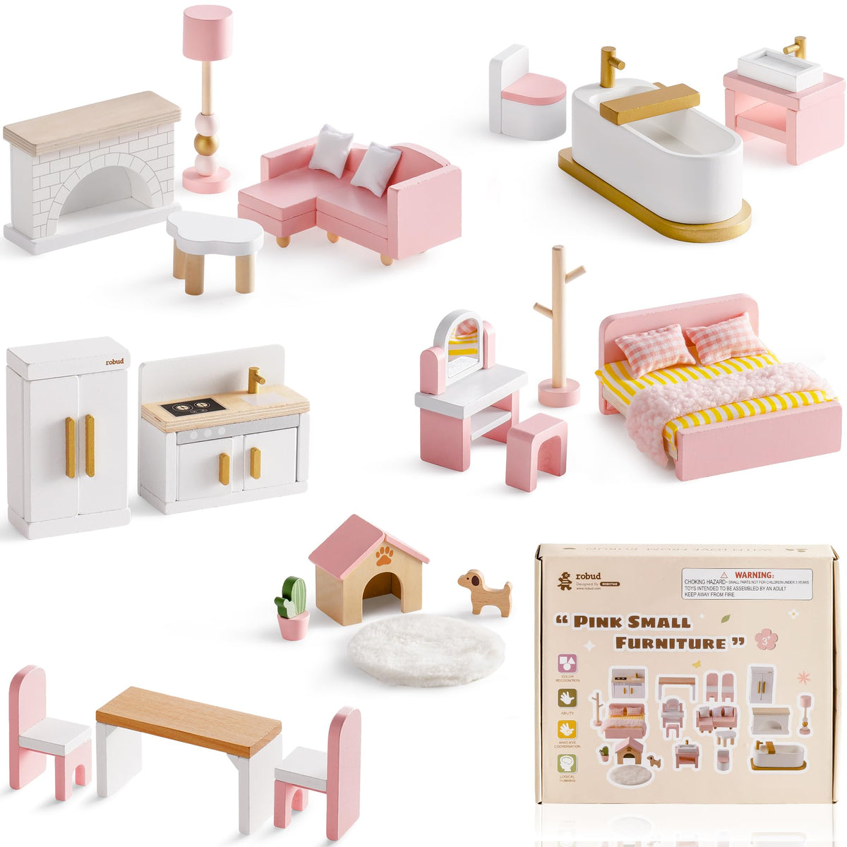 ROBUD Wooden Dollhouse Furniture Set, 28 Pcs Doll House Accessories, Miniature Furniture Including 6 Room Kits, Pretend Play Toys, Gift for Boys and Girls,3+