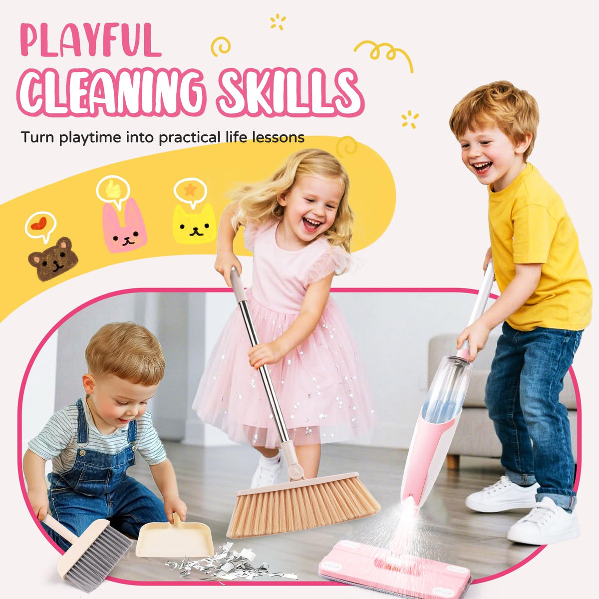 Kids Cleaning Toy Set,Pink Mini Spray Mop Montessori Toys Pretend Play Cleaning Tool for Toddlers with Spray Mop & Kids Broom Dustpan Set Cleaning Toys Gift for Toddlers Girls Boys Age 3+