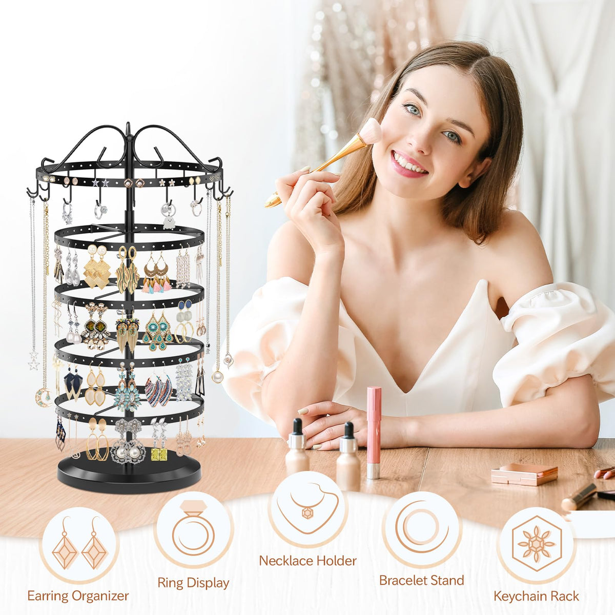 MODOWEY Rotating Jewelry Holder Organizer Stand, 5 Tier Metal Adjustable Display Tree, 228 Hole Earring Tower for Stud Dangle, 17 Hook Necklace Bracelet Storage Rack, Versatile Compact Hanger, Black