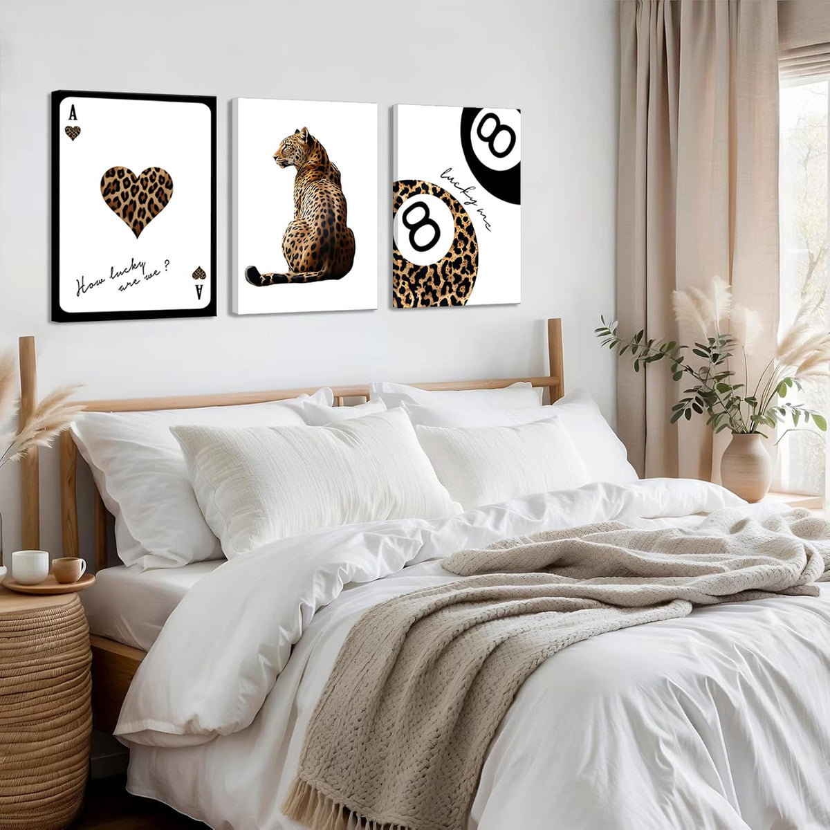 Trendy Leopard Wall Art Set of 3 Cheetah Print Canvas Wall Decor Lucky 8 Ball Paintings Posters Prints Preppy Room Aesthetic Pictures Artwork for Living Room Bedroom Apartment Dorm 12x16inch Framed