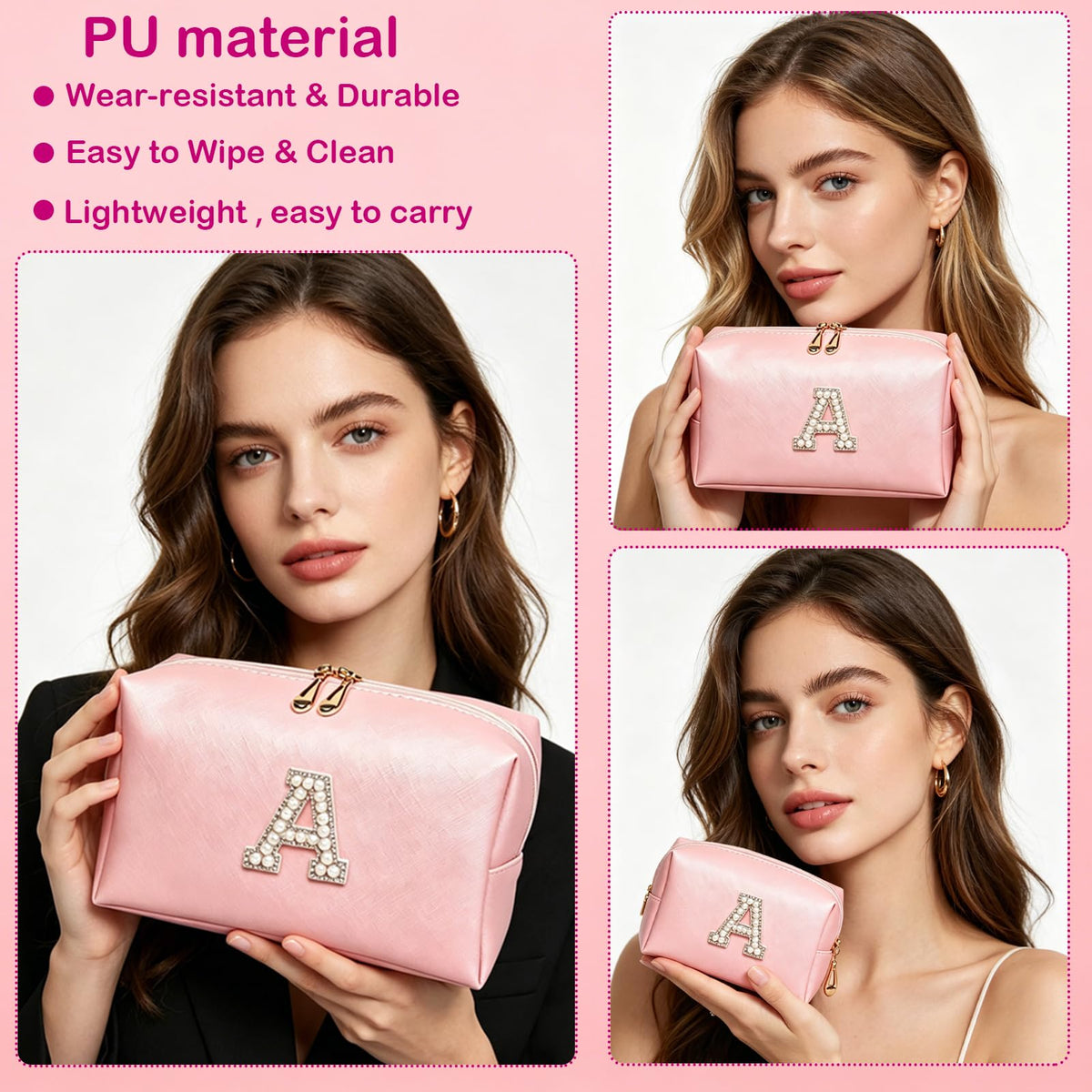 VENCELIN Initial G Pearl Makeup Bag 3Piece, PU Leather Travel Toiletry Pouch, Large Medium Small Portable Organizer for Business Trip Teen Girls