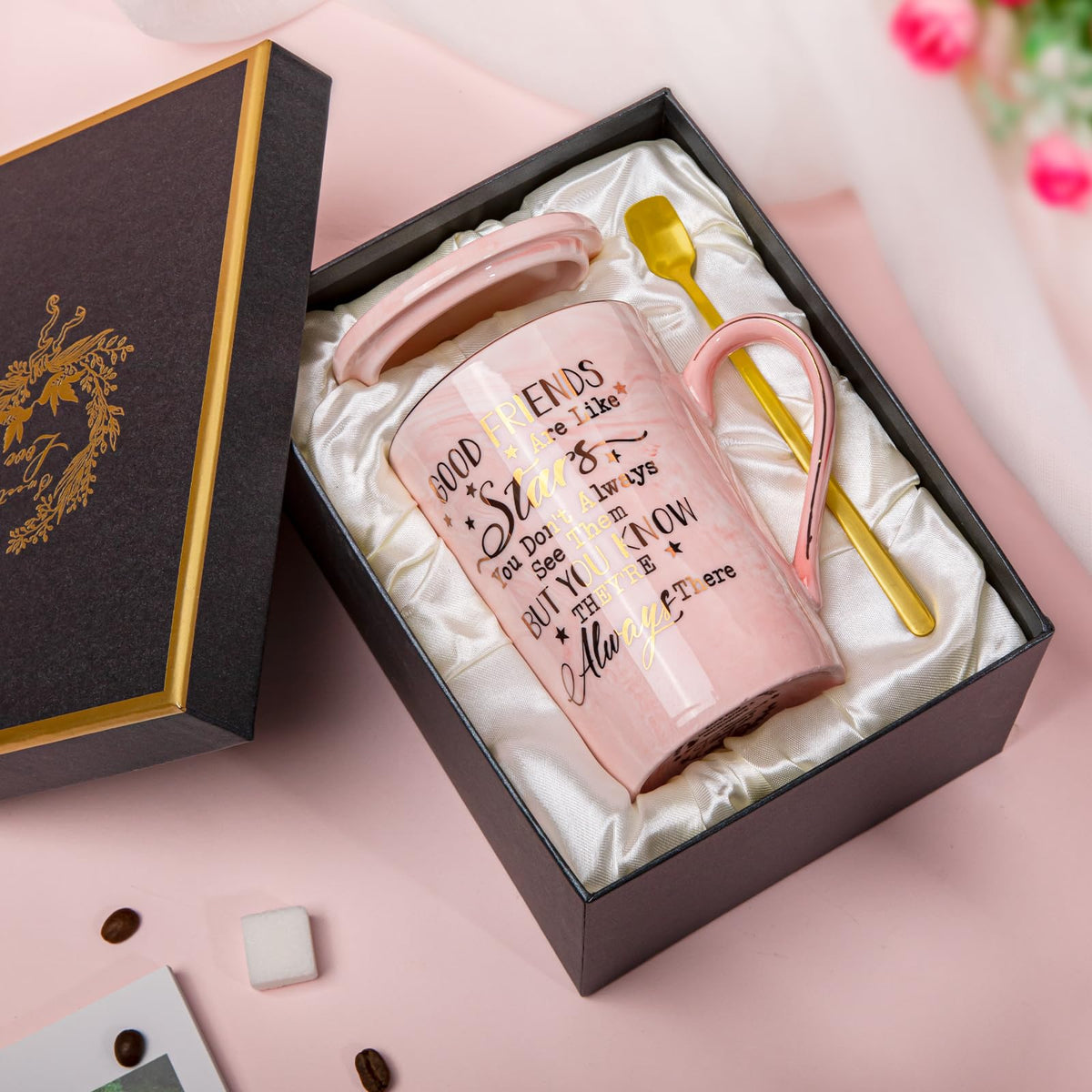 Best Friend Birthday Gifts for Women, Friendship Gifts for Women, Unique Mothers Day Birthday Gift Ideas for Her, Friends Female, Besties, BFF Ceramic Marble Coffee Mug Gift Box Printed Gold 14 oz