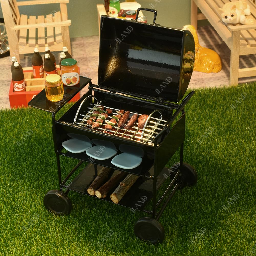iLAND Dollhouse Furniture and Accessories on 1:12 Scale incl Dollhouse Patio Tables & Garden Chairs & BBQ Grill & Mini Bike (Modern 6pcs)