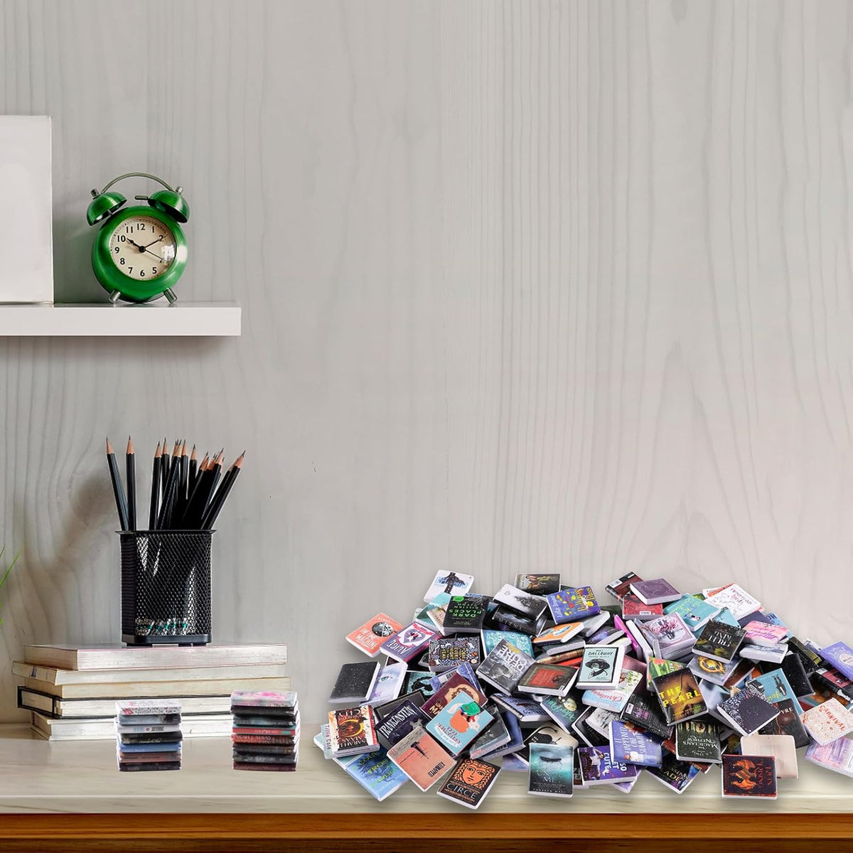 Skiennix Miniature Book Set - 300 Pcs Anxiety Bookshelf Decor | 1:12 Dollhouse Accessories