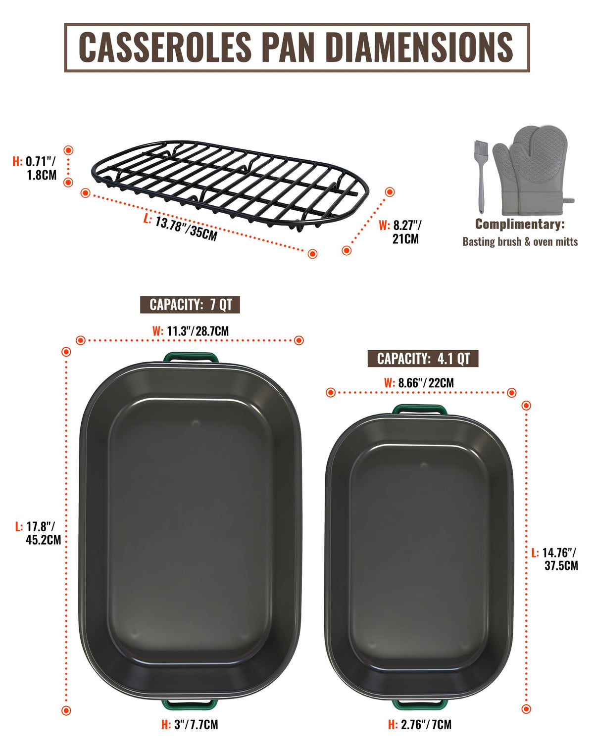 MCCSI Casserole Dishes for Oven Lasagna Baking Pan 6-Pack Set with Handle & Rack 14&17 Inch Large Deep Enamel Roasting Pan, 572°F Heat Resistance Dishwasher Safe NonStick Wedding Kitchen Gift Bakeware