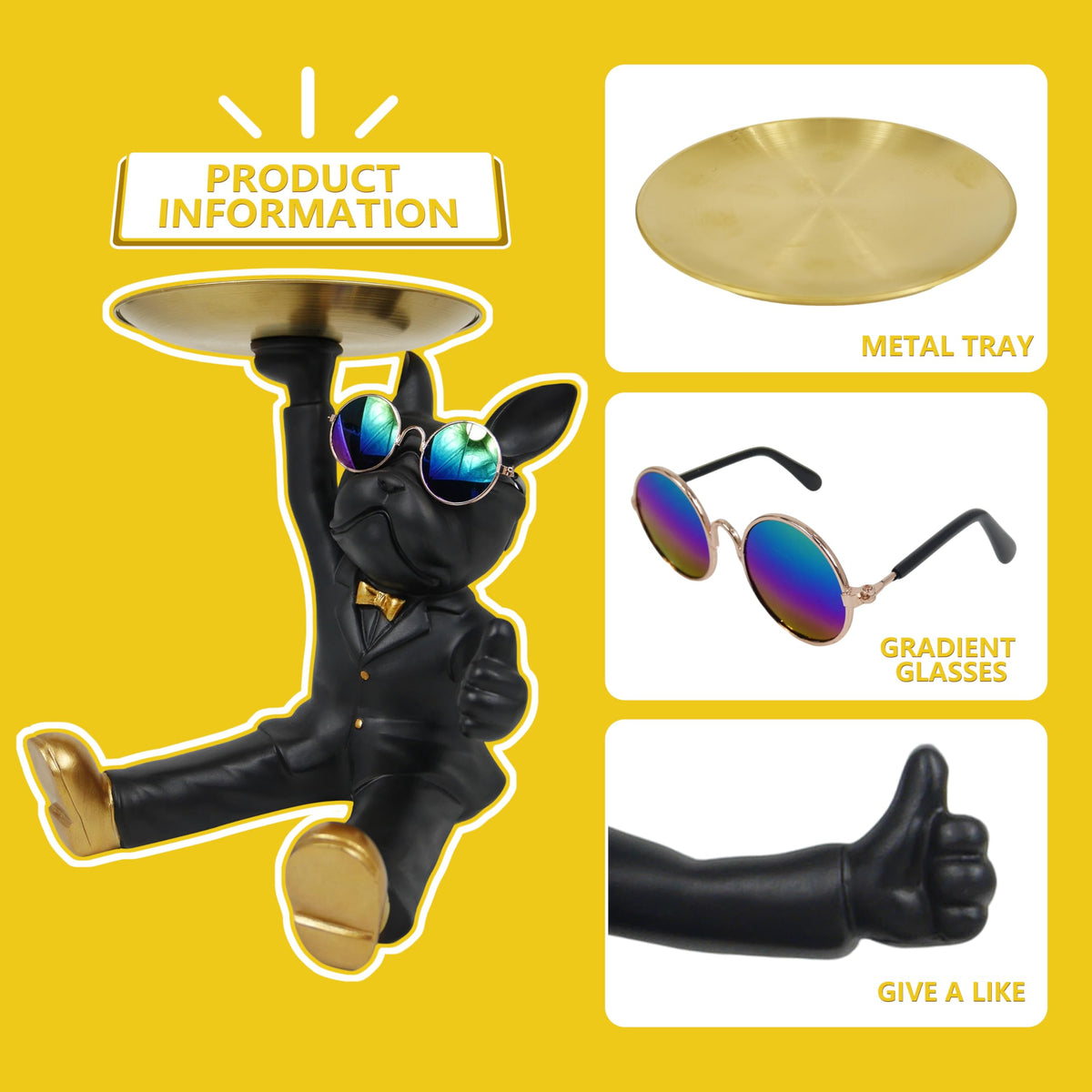 Cozy Villa French Bulldog Tray Statue, Black Frenchie Sculpture with Gold Tray for Entrance Coffee Table Décor, Dog Key Holder Jewelry Trays