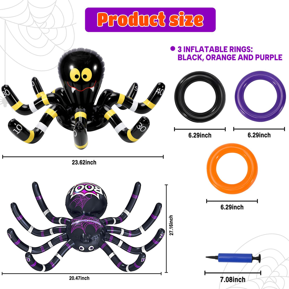 Max Fun Halloween Ring Toss Games for Kids, 2 Pack Inflatable Spiders Set Halloween Party Favor Supplies Holiday Carnival School Decoration Outdoor Indoor Spooky Creepy Game