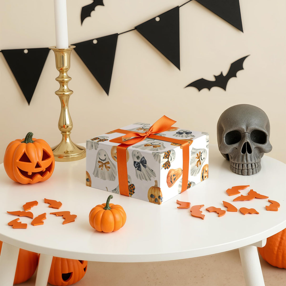 LeZakaa Halloween Wrapping Paper Roll 13" Gift Bag with Tissue Paper, Gift Tag, and Card, Evil Pumpkin Fluorescent Black Design