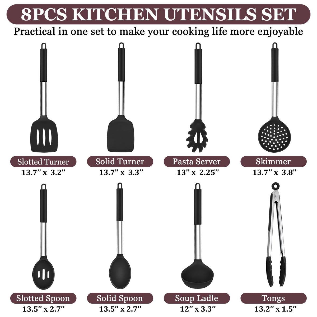 TeamFar Kitchen Utensils Set of 8, Silicone Utensils Kitchen Tools Set with Stainless Steel Handle, for Frying Serving Flipping Draining, Non-toxic & Heatproof, Nonstick & Dishwasher Safe - Black
