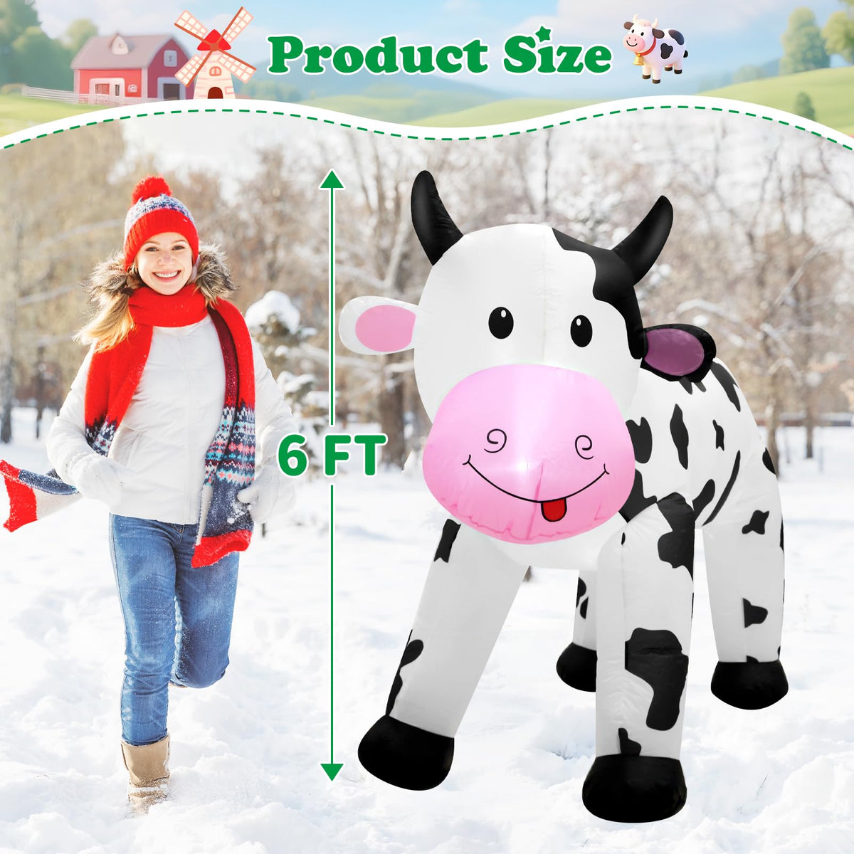 6FT Inflatable Cow Outdoor Decoration,Built-in LED Lights Indoor Outdoor Yard Lawn Ranch Blow Up Cute Animal Milk Cow,Christmas Holiday Display Spring Decorations for Garden Farm Themed Party