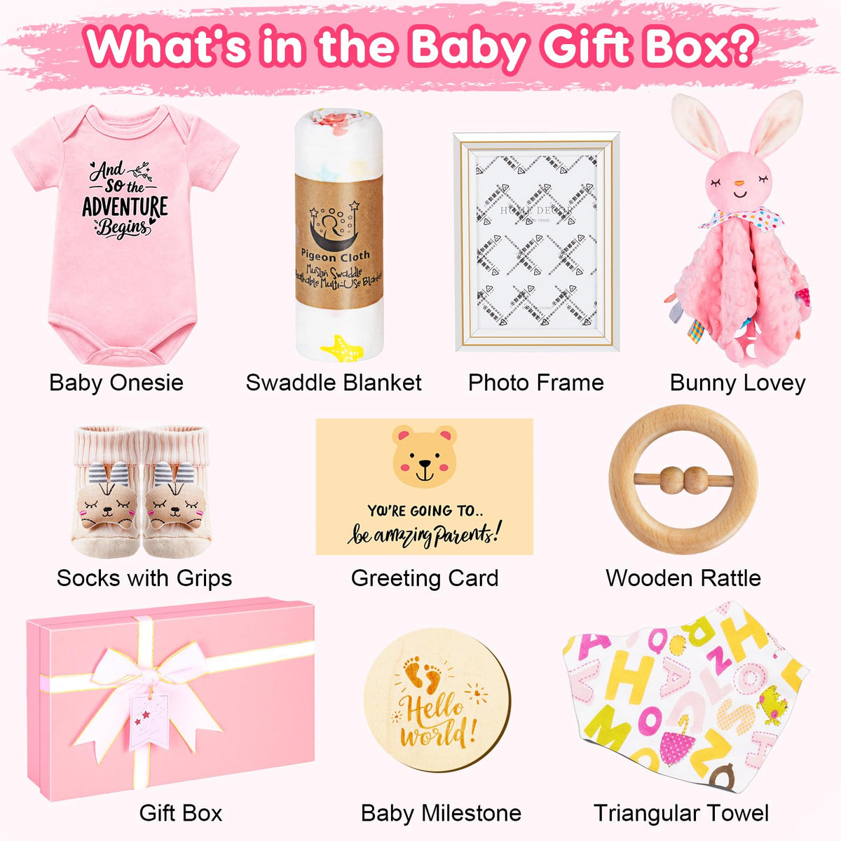 Baby Gift Basket for Newborn Girls & Boys, Baby Shower Gift Set for Girl, Newborn Baby Girl Essentials, Welcome Home, Gender Reveal Gifts for New Parents, Pink Gift Box