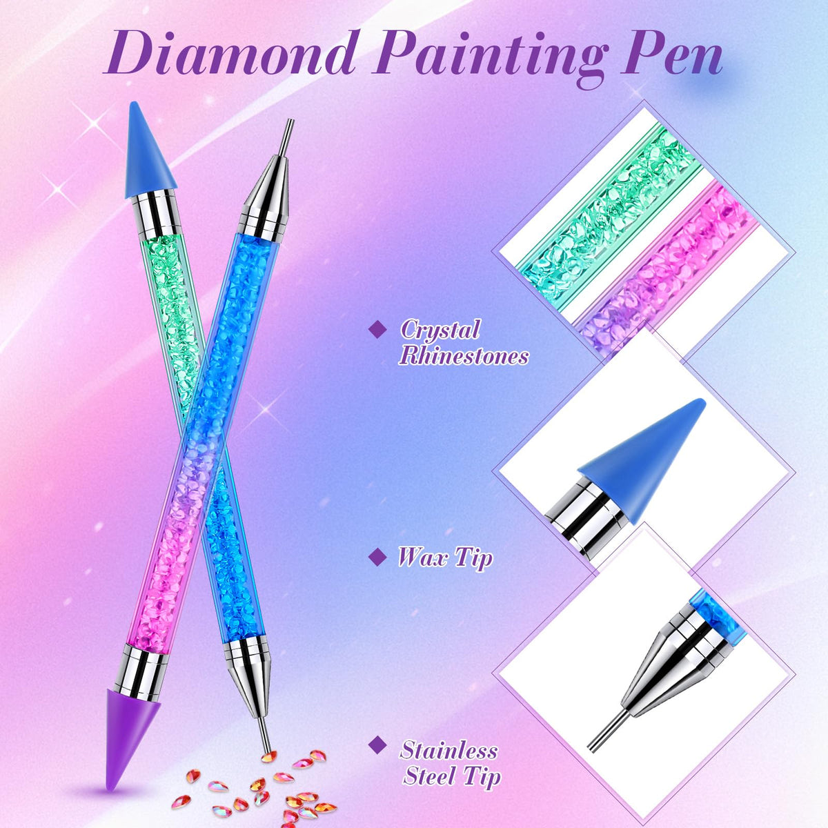 Tatuo 2 Pcs Nail Rhinestone Picker Tool Dual Ended Wax Pen Gem Picker Tool Dotting Pen for Nail Art DIY Rhinestones Dotting Gems Stones Crystals and Charms(Gradient Blue Purple)