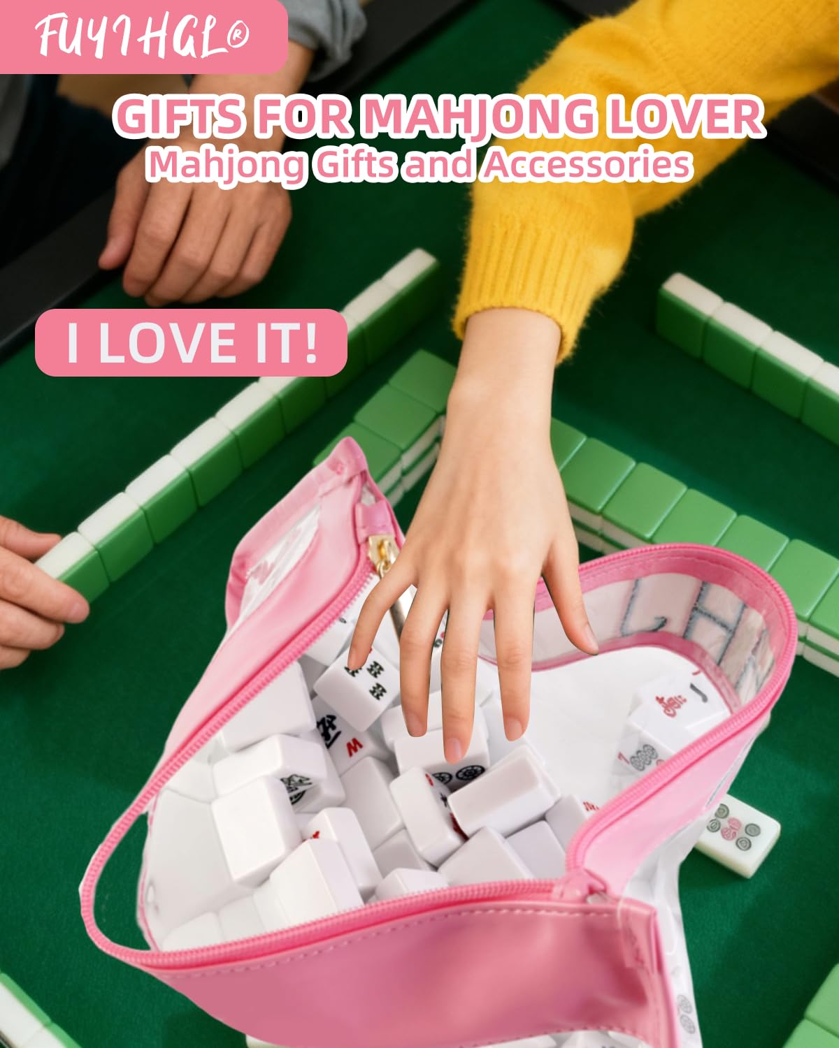 FUYIHGL® American Mahjong Tiles Bag with Zipper - Pink Empty Clear Carrying Case Only - Tiles Storage Holder with Embroidery Lettering - Up to 166 Tiles - Mah Jongg Accessories and Gifts for Women