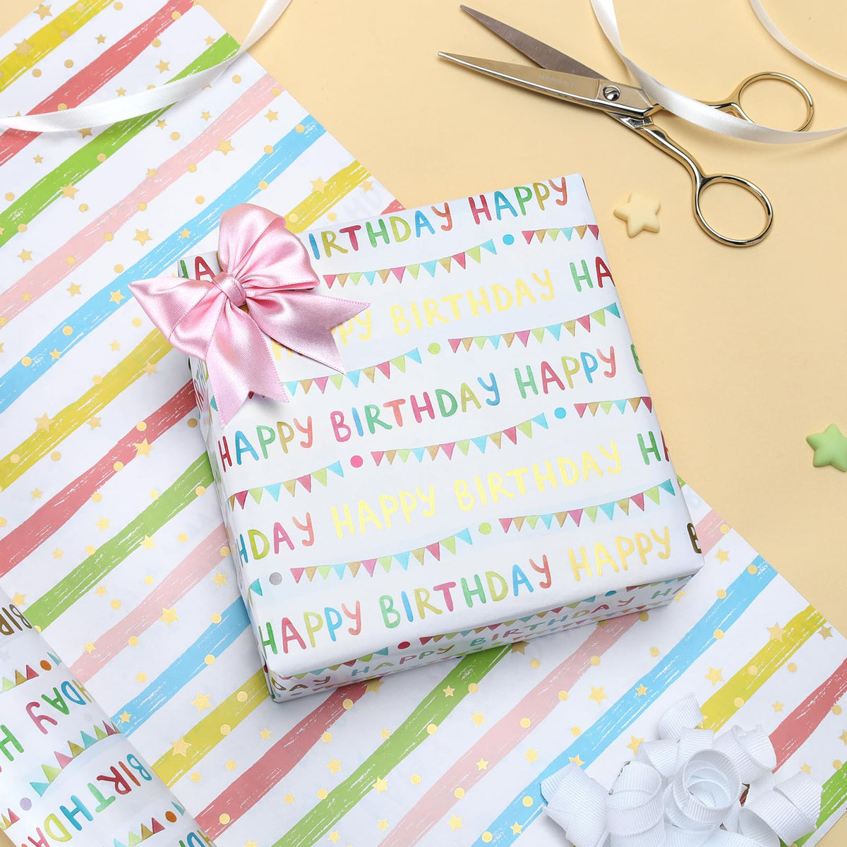 LaRibbons Reversible Happy Birthday Wrapping Paper, Colorful Birthday Lettering with Party Bunting, Stripe & Gold Foil Star Design on Back, Festive Gift Wrap for Party Celebration, Kids, Girls, Women, 17" x 33'