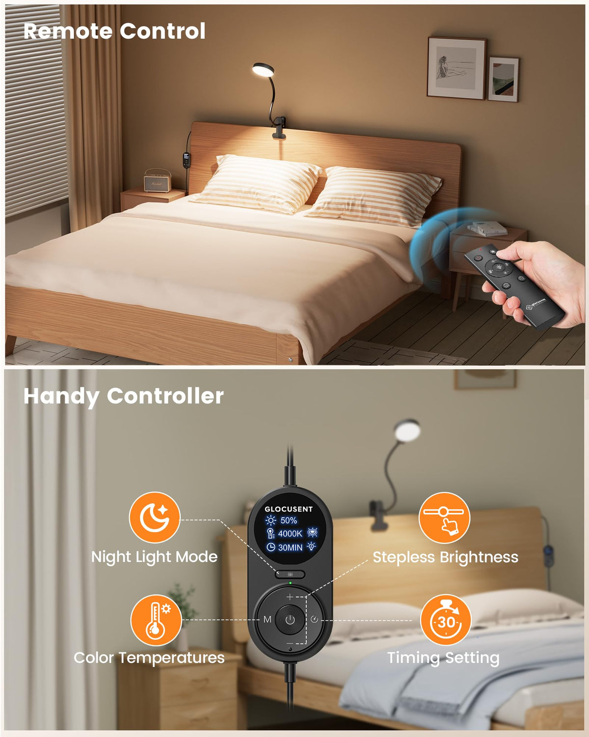 Glocusent 72 LED Clip on Lamp with Remote, Reading Light with Amber Ring, 3 Colors & 5 Dimmable Bed Lamp, 30/60-Min Auto Off Timer, Clamp Light for Headboard/Dorm/Bunk (Black)