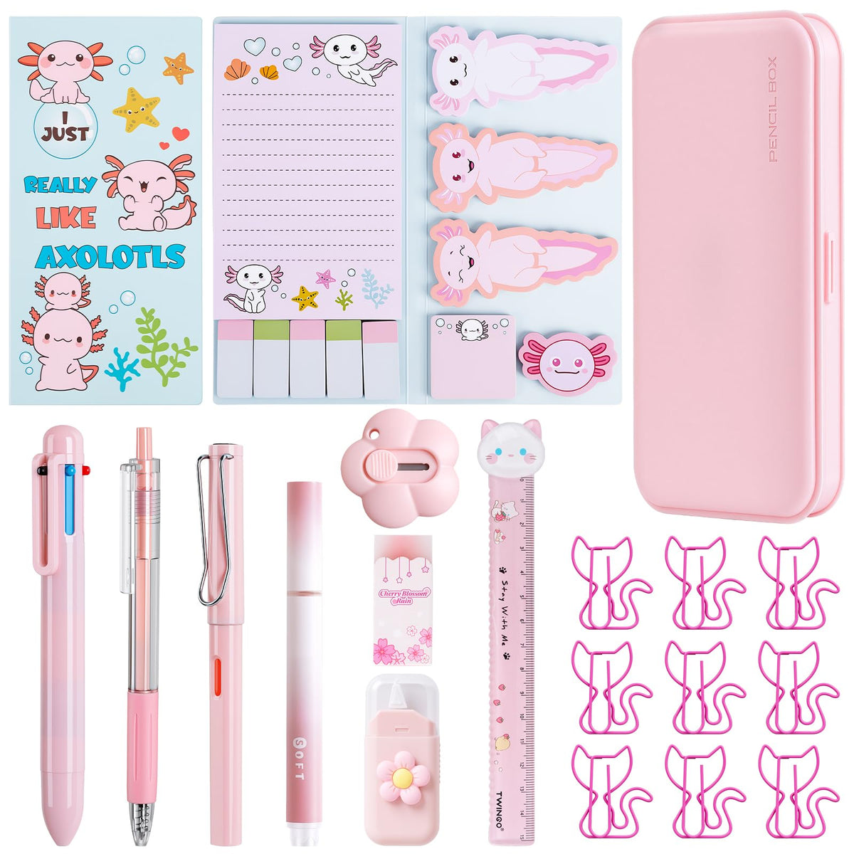 11 in 1 Pink Axolotl Stationery Gifts Set School Supplies for Kids, Kawaii Stationery Kit Axolotl Office Supplies with Pencil Case, Pens & Sticky Notes Set Correction Tape Ruler Utility Knife Cat Clip