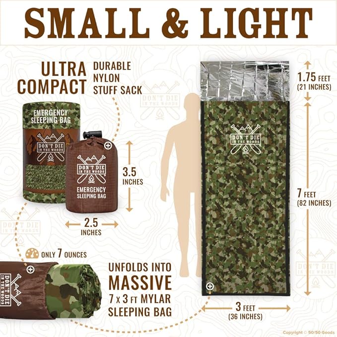 Emergency Sleeping Bag with Hood | Ultralight, Waterproof, Thermal Mylar Sleeping Bag Liner | Survival Bivy Space Blanket Bivey for Hiking, Backpacking, Earthquake, Camping, 72 Bug Out, Survival Kit