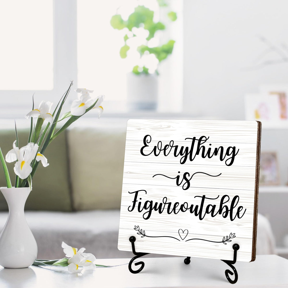 Inspirational Office Gifts for Women, White Desk Decor, Everything Is Figureoutable Wooden Sign with Stand, Birthday Gifts for Men Friends Coworkers, Motivational Office Decor, 5"x5"-A02
