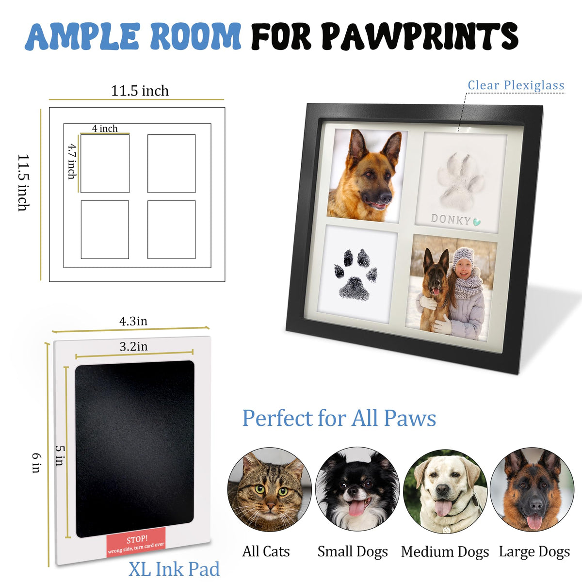 MYPAWLETS Ink & Clay Paw Print Kit for Dog Cat,Clean-Touch Ink Pad & Soft Clay,Pet Paw Print Impression Kit Large Area,Keepsake Frame for 1-2 Pets,Cat/Dog Gifts