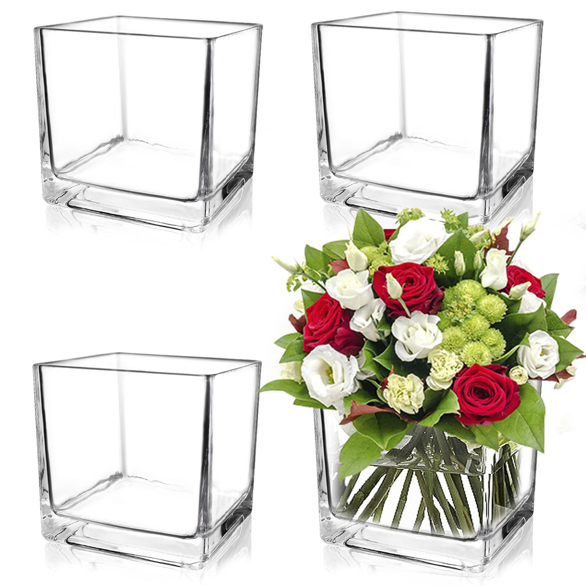 UrSpeedtekLive Set of 4 Square Glass Vases 5" x5" x 5", Clear Cube Flower Vases for Wedding Centerpieces, Candle Holders for Home Decor Party Events Ceremony