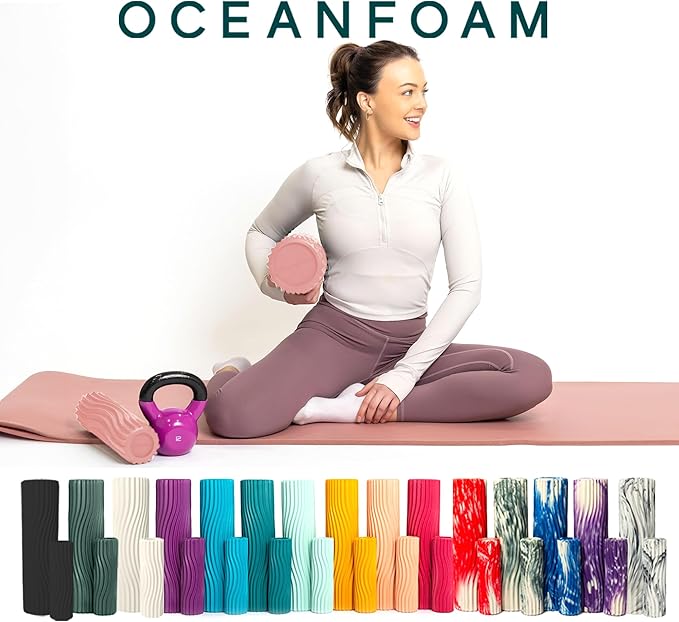 Oceanfoam Ripple Travel Foam Roller (11" x 3.35") Firm Mini Foam Roller for Physical Therapy, Deep Tissue Massage, Back Pain - High Density, Ergonomic Wave Textured - Yoga, Pilates, Exercise (Blush)