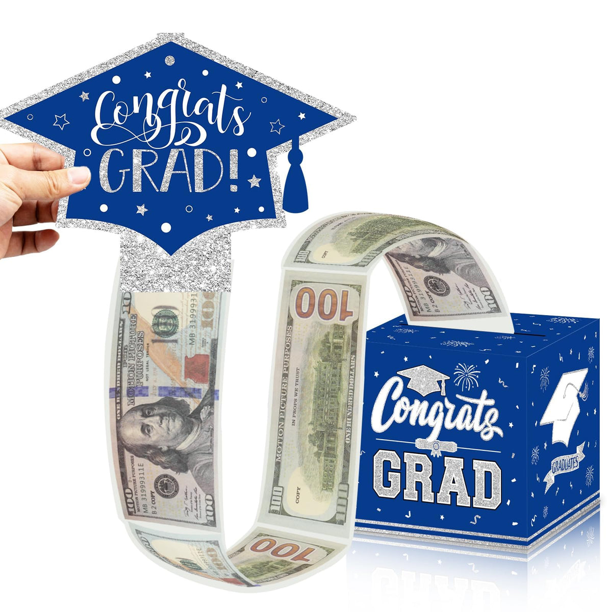 VABAMNA Class of 2026 Graduation Money Box for Cash Gift Pull, Funny Surprise DIY Cash Gift Idea Kit Graduation Money Holder for Boys Girls College High School Congrats Grad Party Favors, Blue Silver