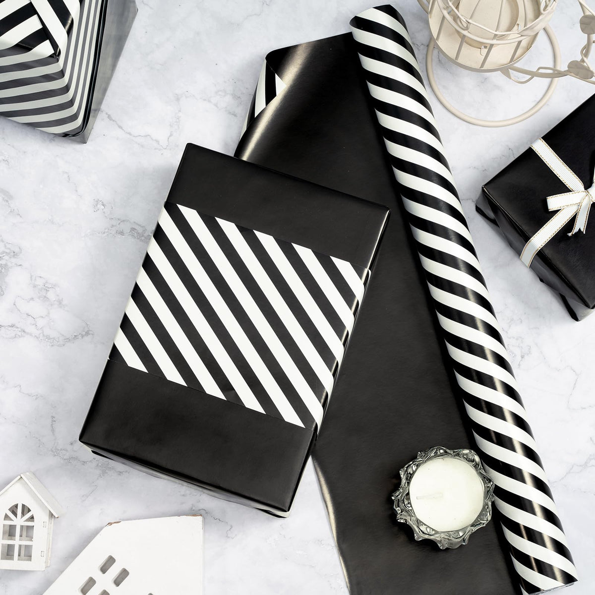 WRAPAHOLIC 30 Inch Reversible Black Wrapping Paper - Black and Stripes Wrapping Paper for Birthday, Holiday, Wedding, Baby Shower - 30 inch x 33 feet