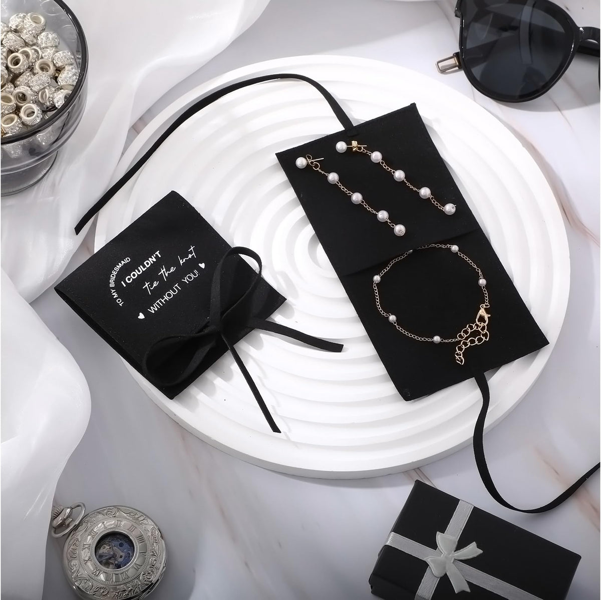 Liliaafar 24 Pcs 8 Set Jewelry Bridesmaid Gift Pearl Set Pearl Bracelet & Earrings, Jewelry Pouch with Bow Tie I Couldn't Tie The Knot Without You Wedding Bridal Shower Party Favor(Black)