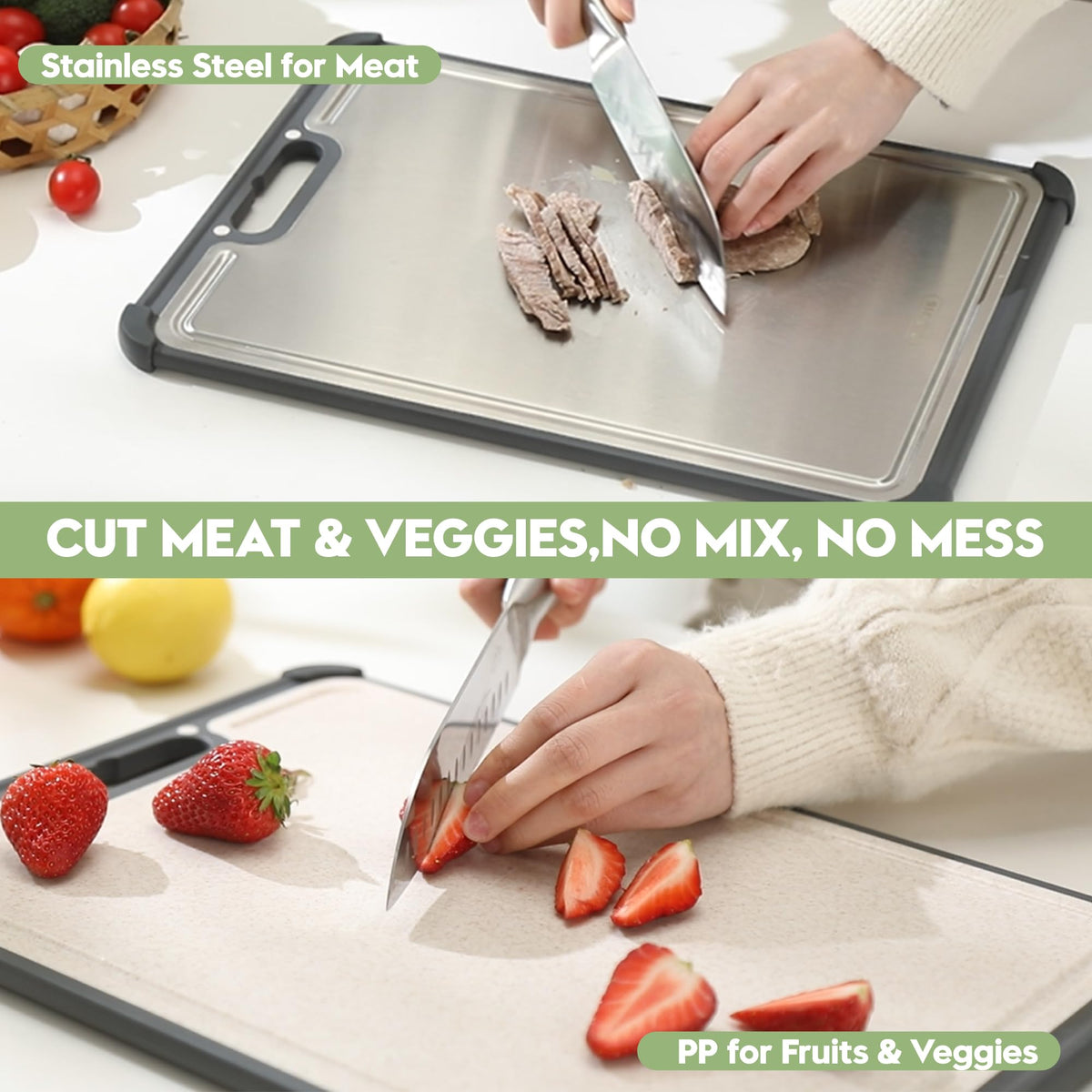 Premium 316 Stainless Steel Cutting Board for Kitchen Extra Large 16.9" x 11.8" Best Non-Toxic Chopping Board for Meat Food-Grade Metal & Eco-Friendly Wheat Straw Dual-Sided Healthy Kitchen Essential