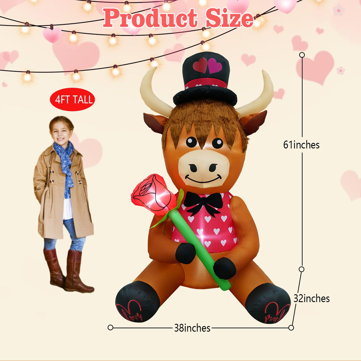 inslife 5FT Tall Valentine's Day Inflatable Highland Cow Holding a Rose, Blow Up Valentine's Day Outdoor Decoration Built-in 3 Led Lights for Wedding Propose Indoor Yard Party Supplies