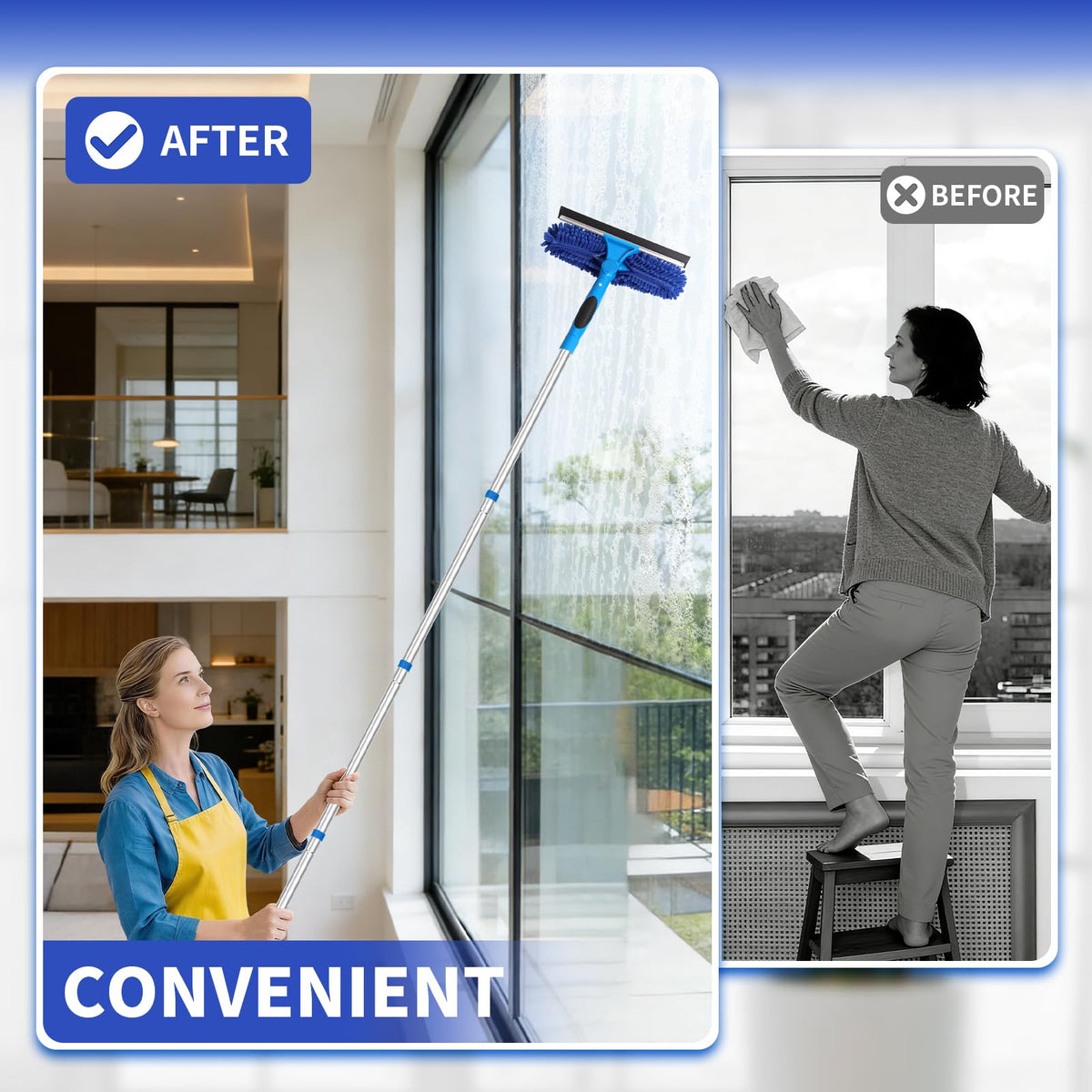 TIMIVO 109" Window Cleaning Squeegee Kit, Professional 2 in 1 Squeegee Window Cleaner with Extension Pole, Window Washing Kit with 2 Blade 2 Pads for Indoor & Outdoor High Windows Car Glass