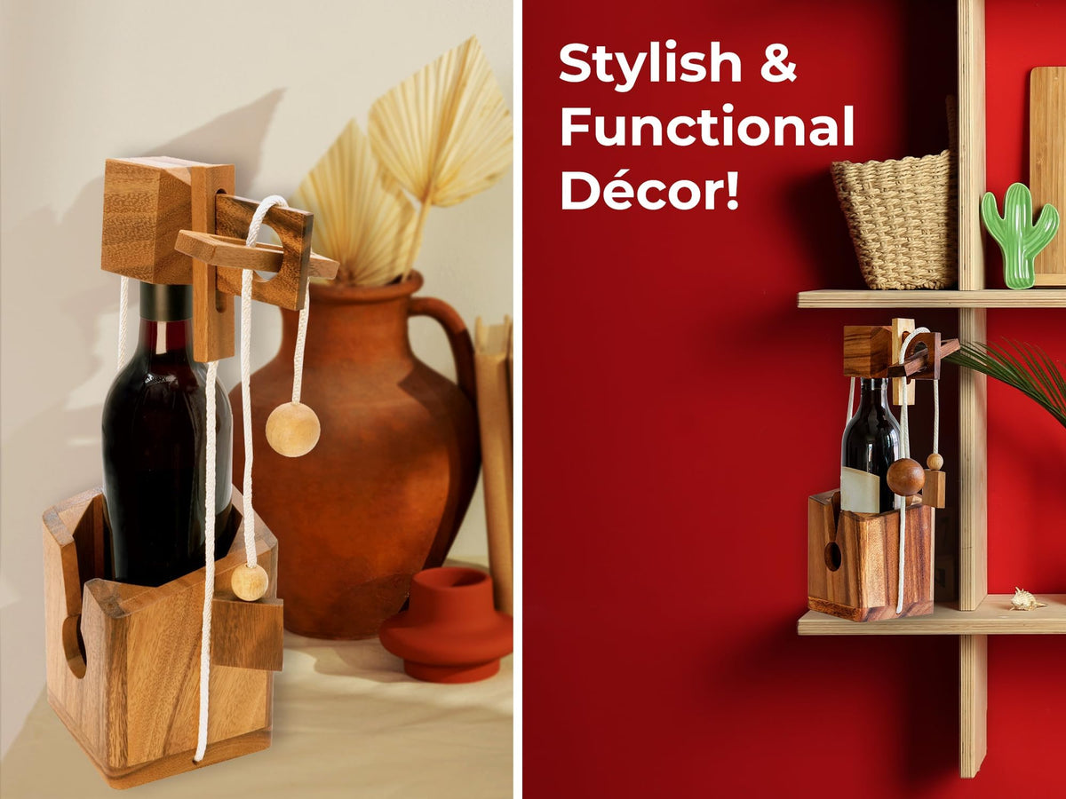 BSIRI Bottle Puzzle - Challenging 3D Wooden Bottle Holder and Bottle Lock Puzzle Games for Adults. Functional Bottle Storage, Ideal Bottle Lover Gifts, Fun Gifts, Game Night and Rustic Room Decor